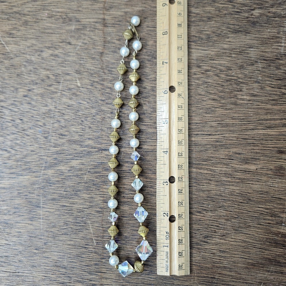 Vtg 1950s Aurora Borealis Faux Pearl Crystal Gold Tone Beads Hook Necklace 17"